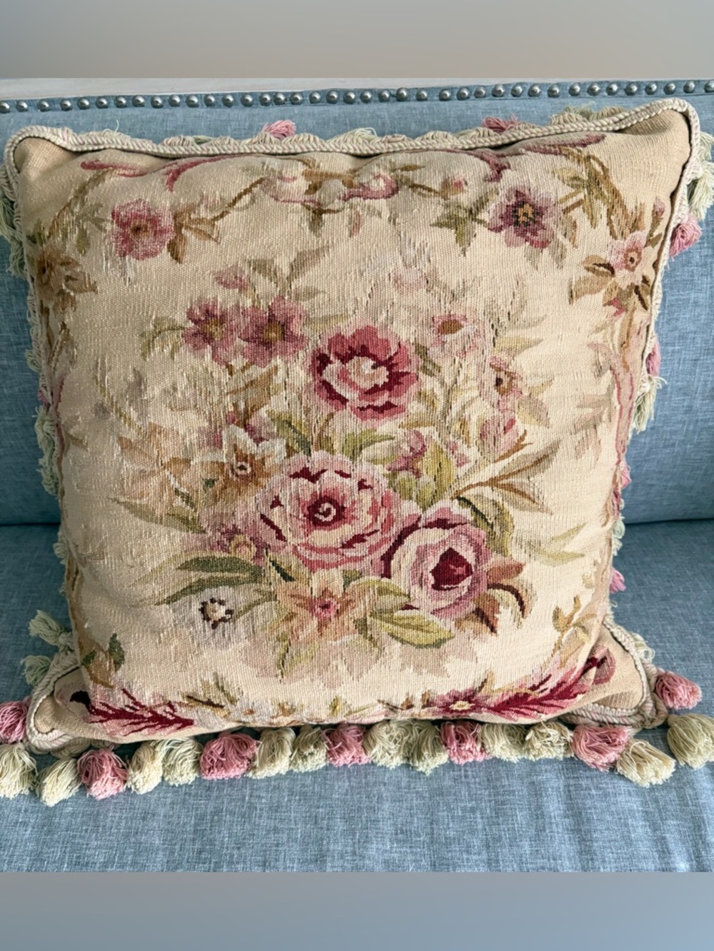 Vintage 20” French Aubusson Pillow Tapestry Needlepoint Flowers